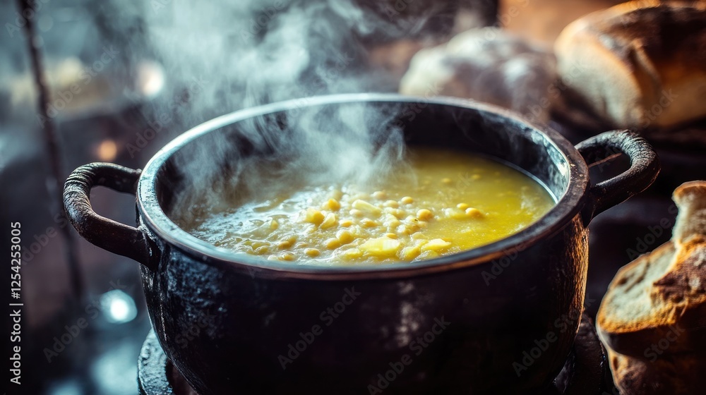 Steaming Hot Pot of Hearty Soup, Rustic Kitchen Setting Steaming Hot Pot of Hearty Soup, Rustic Kitchen Setting