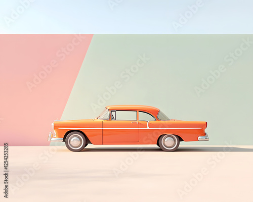 vintage orange car against pastel geometric background evokes nostalgia