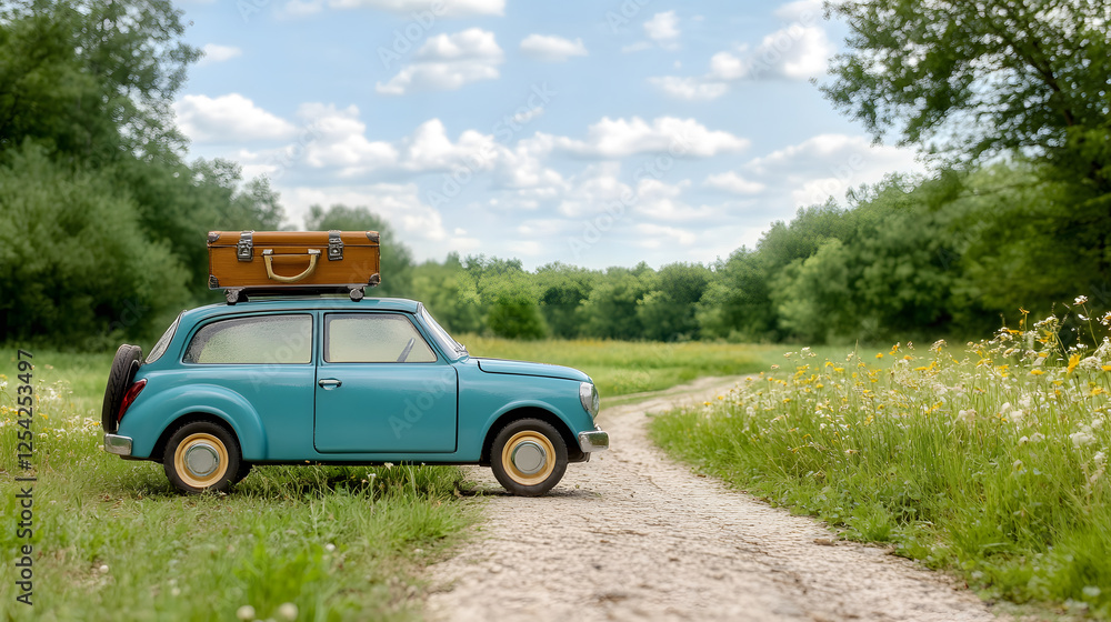 toy sized blue car with suitcase on top parked on dirt road toy sized blue car with suitcase on top parked on dirt road