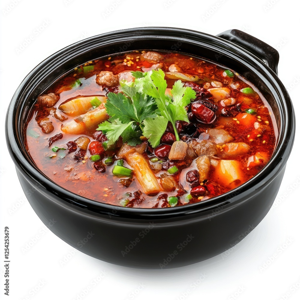 Savory Spicy Stew with Vegetables and Coriander in Black Bowl Savory Spicy Stew with Vegetables and Coriander in Black Bowl