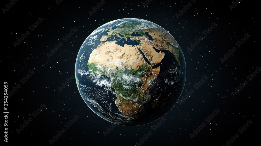 Fototapeta premium Earth, planet, space, globe, view from space, continents, oceans, atmosphere, clouds, land, water, world, cosmos, universe