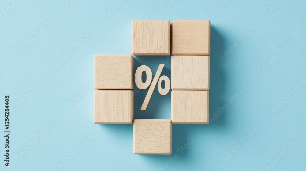 Fototapeta premium Wooden blocks forming percentage sign, blue background, interest rate concept