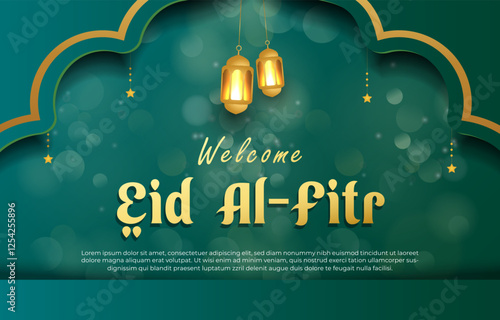 welcome eid al fitr template banner with beautiful islamic ornament with green background design 41
