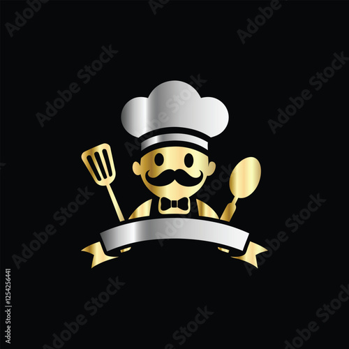 Luxury restaurant emblem with crown, fork and spoon. Vector illustration.