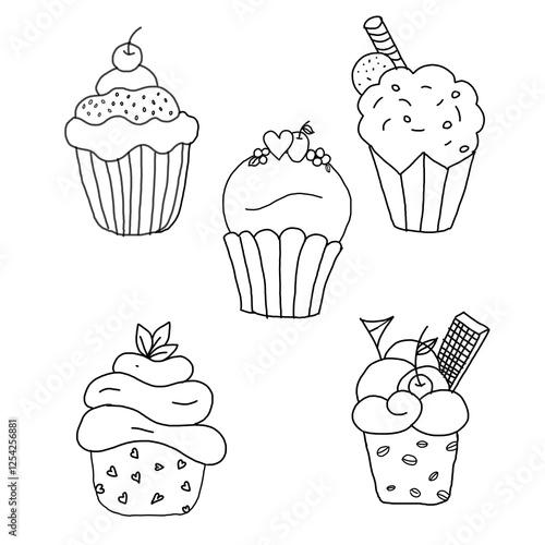 set of cupcakes hand drawing illustration 