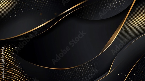 Elegant black background with golden accents and abstract waves of modern style and sophistication