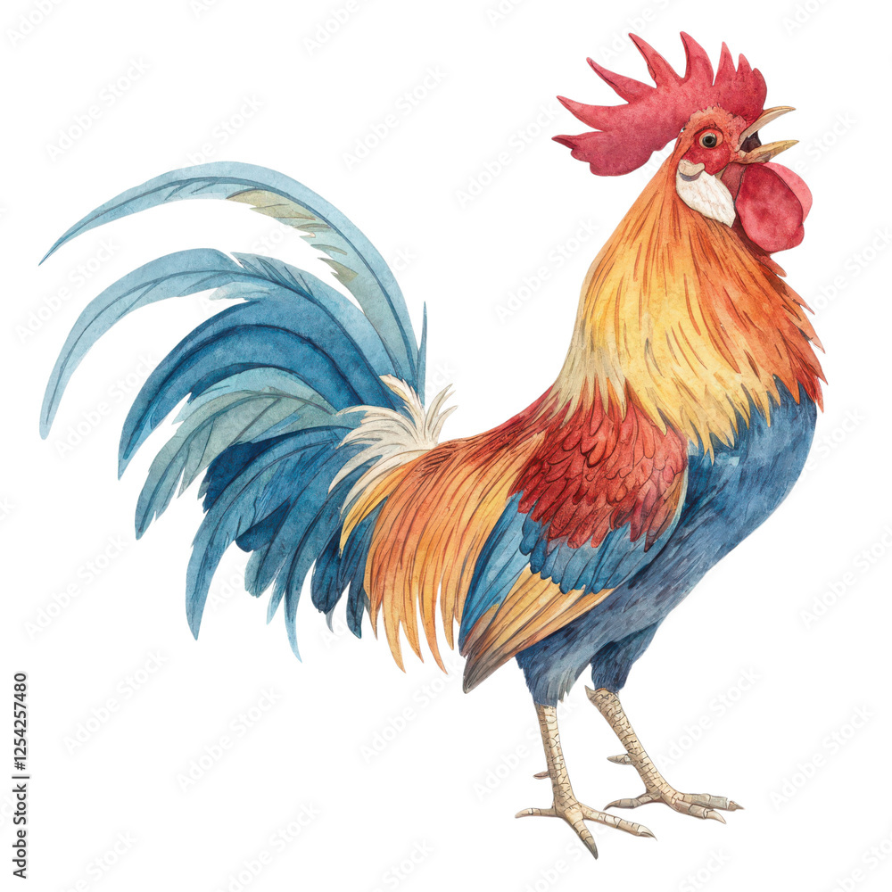Fototapeta premium A colorful rooster with vibrant plumage, standing proudly with its feathers displayed prominently.