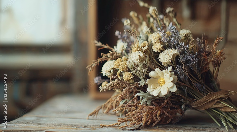 Obraz premium A charming bouquet of dried flowers with lavender and wildflowers, placed on a rustic wooden table, evoking nostalgia and warmth.