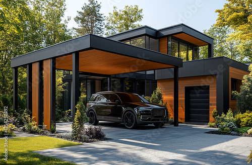 Luxury modern two story house with wooden facade black accents and premium SUV parked under stylish carport