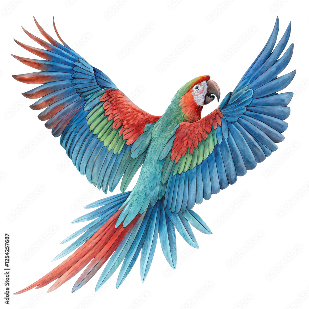 Obraz premium A vibrant parrot with multicolored feathers in flight, showcasing its majestic wingspan and lively plumage.