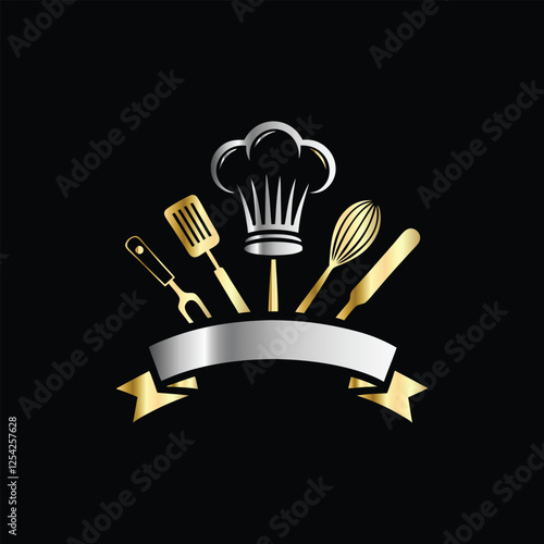 Luxury restaurant emblem with crown, fork and spoon. Vector illustration.