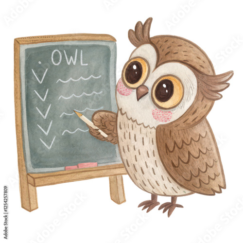 A cute, cartoon owl writing on a chalkboard with a pencil, illustrating a list with checkmarks. photo