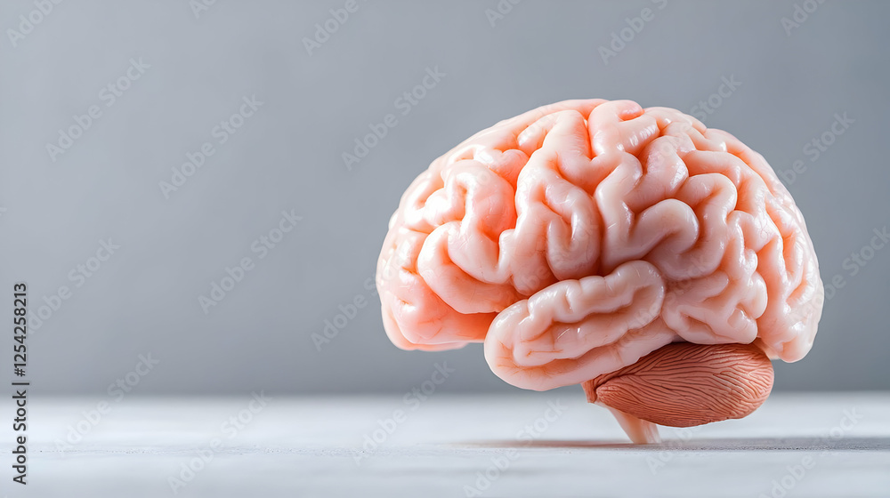Human brain model on table, grey background, medical study Human brain model on table, grey background, medical study
