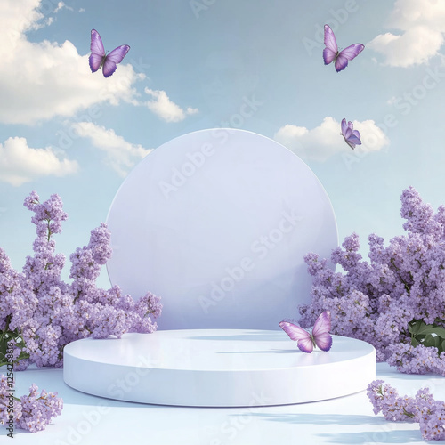 a white circular podium surrounded by a vibrant lavender field and fluttering butterflies, creating a tranquil and picturesque atmosphere perfect for peaceful displays and natural backdrops