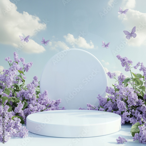 a white circular podium surrounded by a vibrant lavender field and fluttering butterflies, creating a tranquil and picturesque atmosphere perfect for peaceful displays and natural backdrops