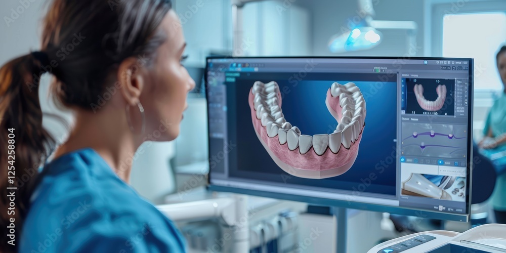 © aicandy - Dentist reviewing a 3D dental model of human teeth on a computer screen in a modern dental clinic with advanced technology equipment