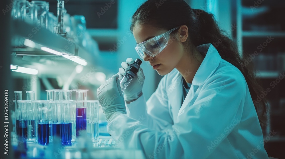 Focused Scientist in Laboratory Setting: A Woman in White Coat Conducts Research Using Microscope and Test Tubes Focused Scientist in Laboratory Setting: A Woman in White Coat Conducts Research Using Microscope and Test Tubes