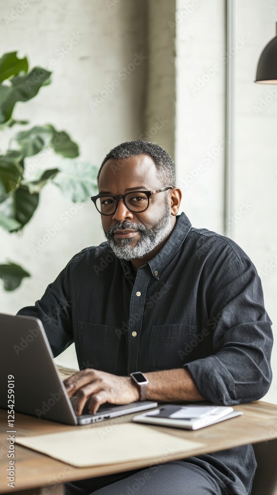 Middle-aged Black man working at a minimalist desk, emphasizing sustainability and efficiency Middle-aged Black man working at a minimalist desk, emphasizing sustainability and efficiency