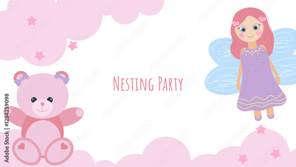 Nesting party banner honor of expectant parents. Fairy and pink teddy bear. Website poster design in pastel colors. Vector illustration. Nesting party banner honor of expectant parents. Fairy and pink teddy bear. Website poster design in pastel colors. Vector illustration.