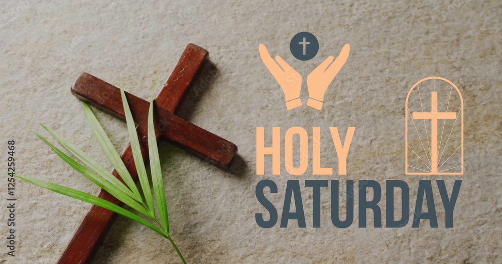 Naklejka premium Image of holy saturday text over cross and palm on grey background