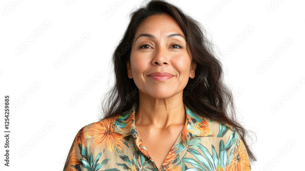 Smiling mature woman with long hair posing on transparent background Smiling mature woman with long hair posing on transparent background