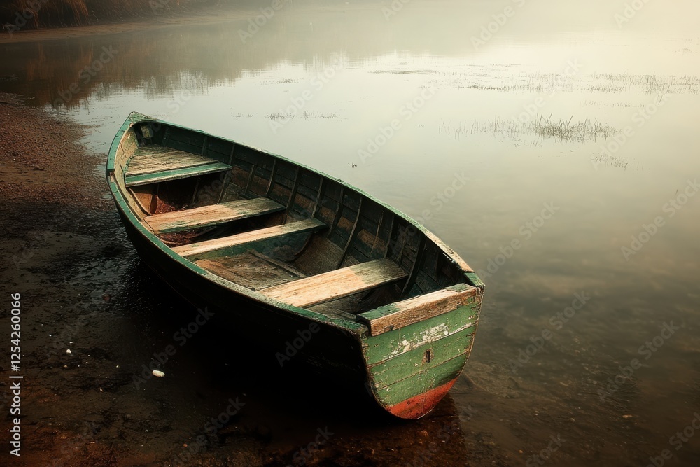 Tranquil Wooden Fishing Boat on Shore at Sunrise with Soft Morning Light and Minimal Beach Background in a Serene Environment Tranquil Wooden Fishing Boat on Shore at Sunrise with Soft Morning Light and Minimal Beach Background in a Serene Environment