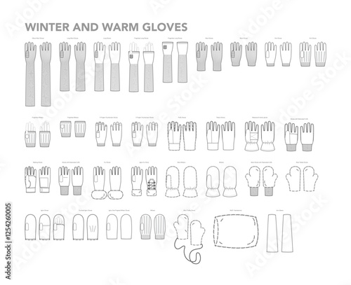 Set of Gloves - Winter and Warm Fashion with names hand accessory clothing technical illustration garment. Vector for Men, women, unisex flat template CAD cartoon style isolated on white background
