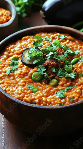 Obraz Delicious Indian Eggplant Curry with Edamame and Cilantro in Rustic Wooden Bowl - Vegan Comfort Food Rich in Spices and Flavorful Herbs for a Gourmet Experience