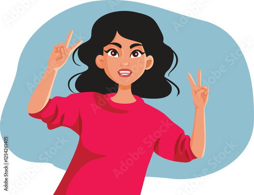 Happy Young Lady Making Victory Sign Vector Cartoon Character. Cheerful energetic woman feeling accomplished and confident 
