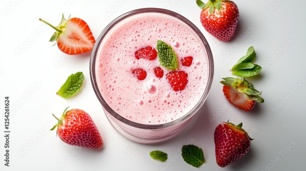 Refreshing strawberry smoothie topped with mint leaves and fresh berries Refreshing strawberry smoothie topped with mint leaves and fresh berries