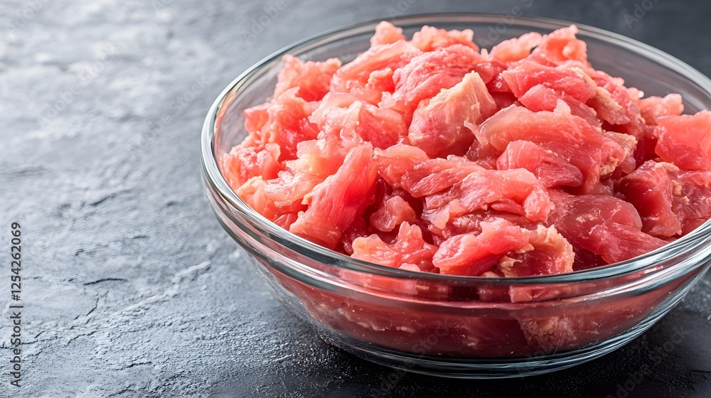 Closeup Raw Diced Meat in Glass Bowl, Fresh Beef or Pork Cubes Preparation Food Photography