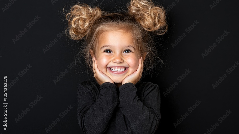 Portrait of a smiling child with blonde pigtails against black background; joyful expression. Possible use Stock photo for children's products or marketing