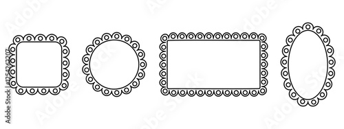 Set of rectangle and square, oval and circle frames with scalloped edges. Vignettes for photo or picture with frilly borders. Empty boxes, tags or labels. Vector graphic illustration.
