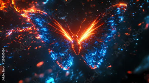 Fototapeta Naklejka Na Ścianę i Meble -  hd wallpapers glowing abstract butterfly with radiant wings, flying through a cosmic digital void. desktop wallpaper hd. hd backgrounds. Cosmic Insects. Illustration