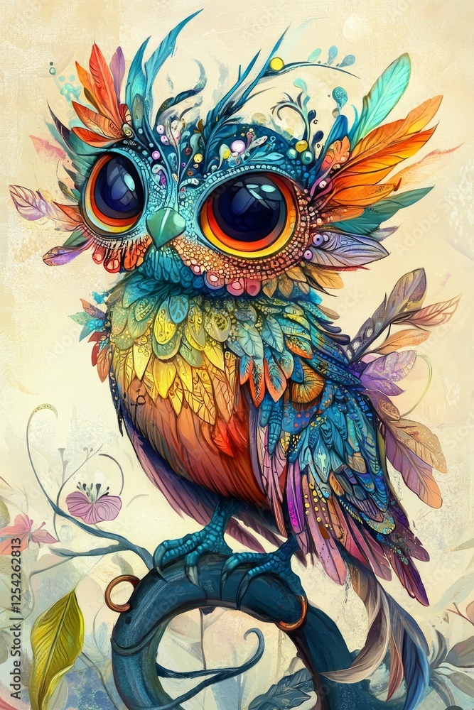 Obraz premium Colorful artistic owl perched on a branch showcasing detailed feather patterns and vibrant colors in a whimsical setting