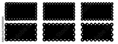 Set or rectangular shapes with scalloped borders. Blank textbox, tag, label, stamp or coupon rectangle forms with laced edges isolated on white background. Vector graphic illustration.