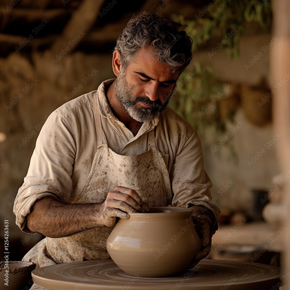 Skilled potter shaping a clay vessel in a rustic workshop under natural light Skilled potter shaping a clay vessel in a rustic workshop under natural light