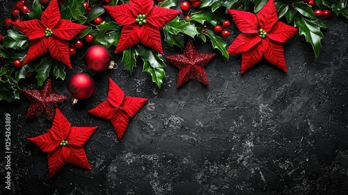 Festive Christmas Decorations With Poinsettias And Holly