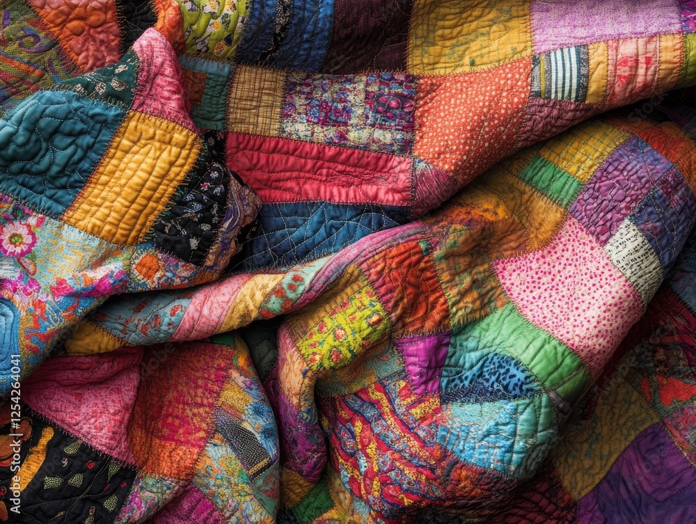 Colorful quilt with intricate patterns displayed on a surface in a warm atmosphere Colorful quilt with intricate patterns displayed on a surface in a warm atmosphere