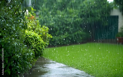 Heavy Rain Falling on Lush Green Garden