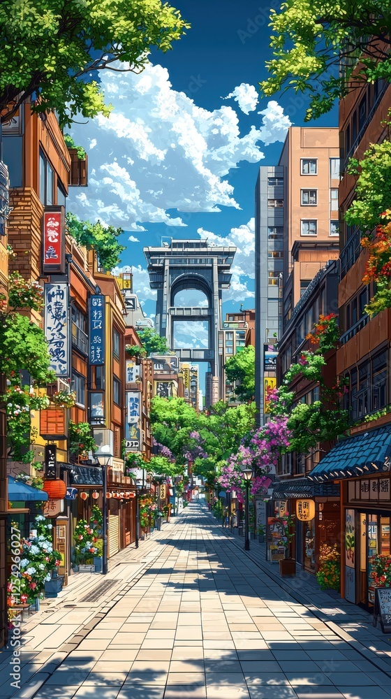 Fototapeta premium Sunny city street with bridge, shops, and trees. Possible use Background image