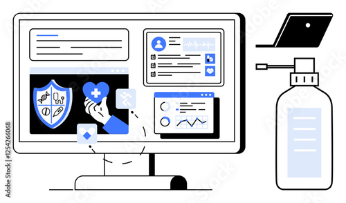 Computer screen displaying medical interface including health records, graphs, and symbols with sanitizer bottle. Ideal for telehealth, digital health, medical records, hygiene, remote consultations