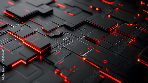 Abstract Futuristic Technology Background Red Neon Lights on Dark Circuit Board