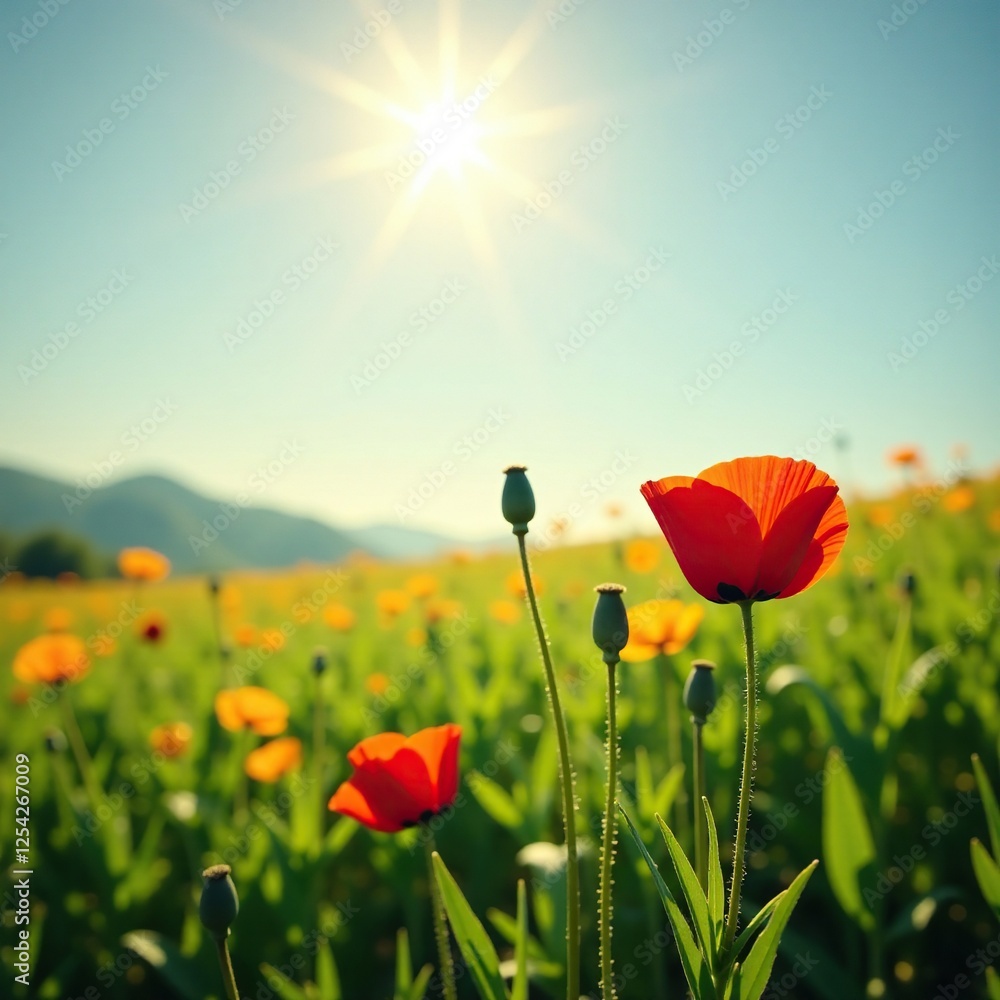 Obraz premium Softly glowing red poppies peek through the green grass, with bright yellow cosmos flowers peeking above, wildflowers, sun, poppy