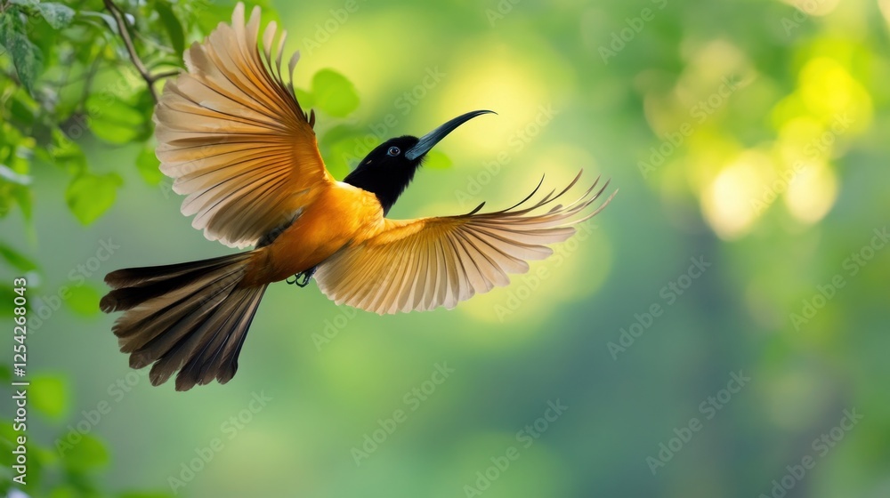 Fototapeta premium A vibrant bird in mid-flight among green foliage.