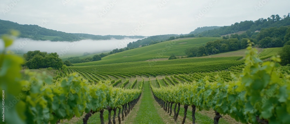 Naklejka premium Vineyard rows, misty valley background, rural landscape, wine production