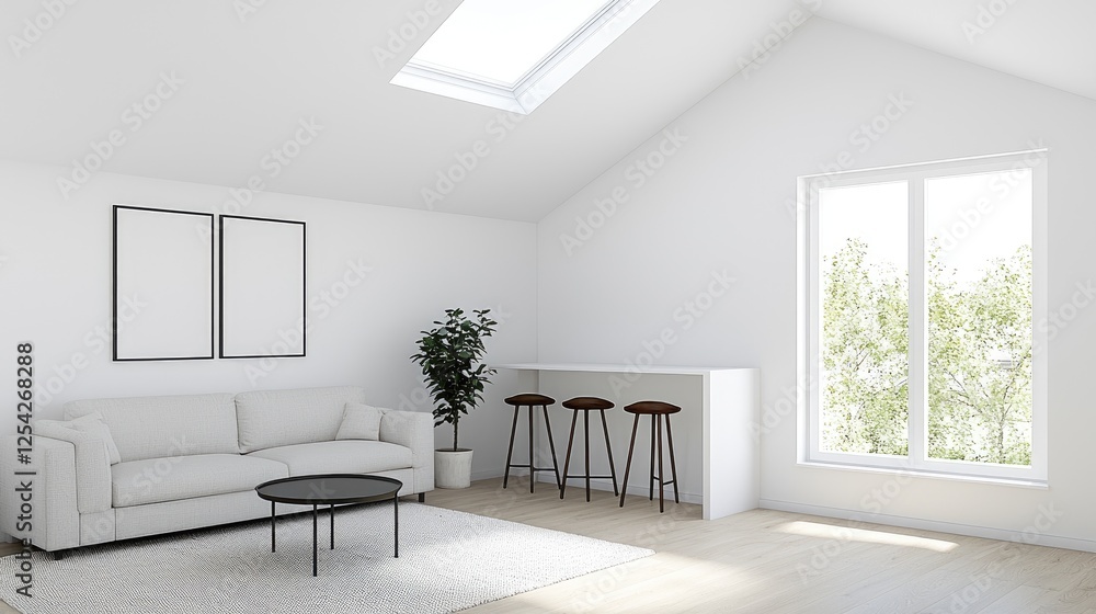 Fototapeta premium Modern minimalist living room interior with a white sofa, bar stools, and natural light from a window and skylight.