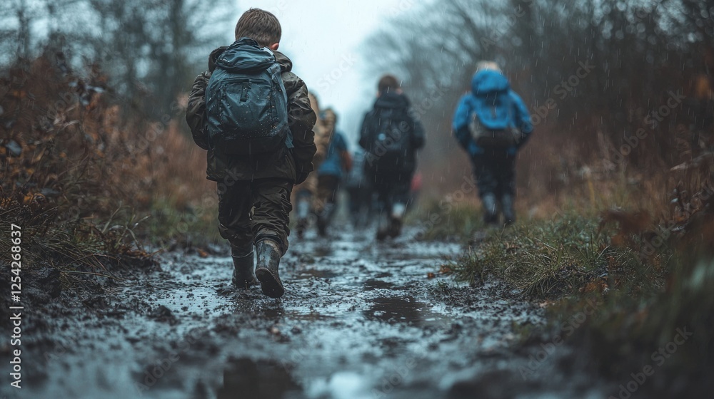 Kids Walking in Rainy Muddy Path in Nature Kids Walking in Rainy Muddy Path in Nature