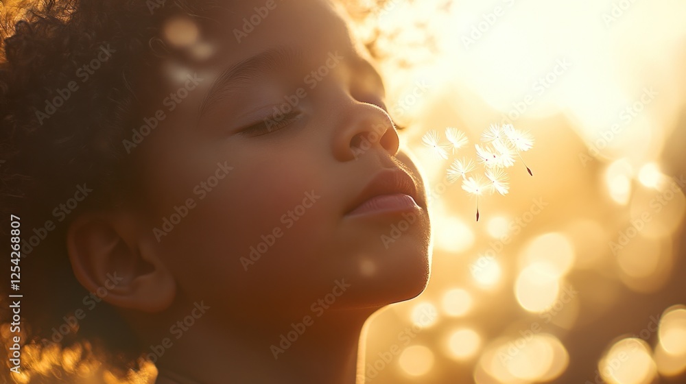 Golden Hour Serenity: A Child's Peaceful Moment with Dandelions Golden Hour Serenity: A Child's Peaceful Moment with Dandelions