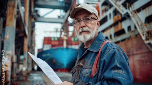 Experienced dock worker reviewing documents amidst large cargo ships in a busy shipping yard, showcasing maritime operations photo